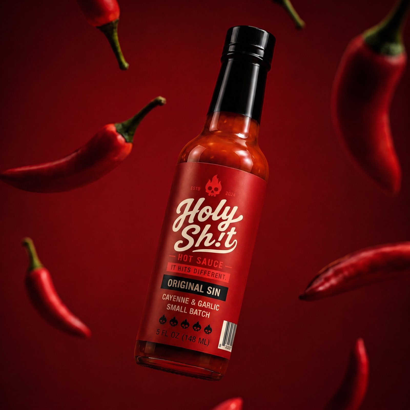 Original Sin bottle falling through red chillies