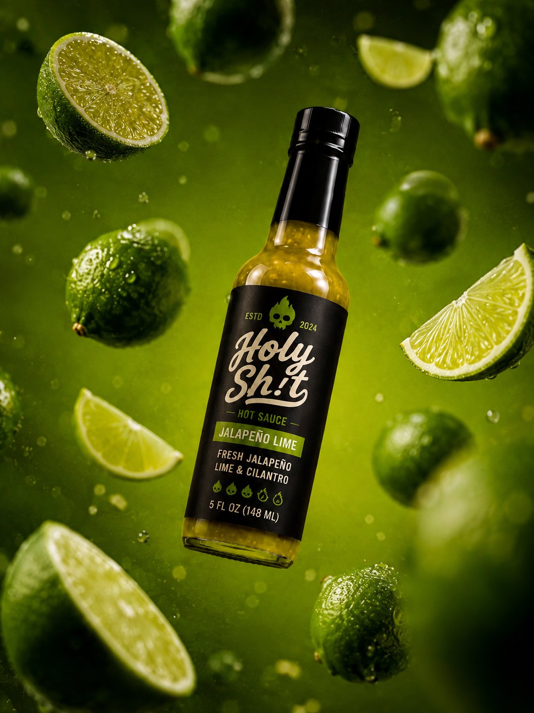 Jalapeño Lime bottle falling through fresh limes