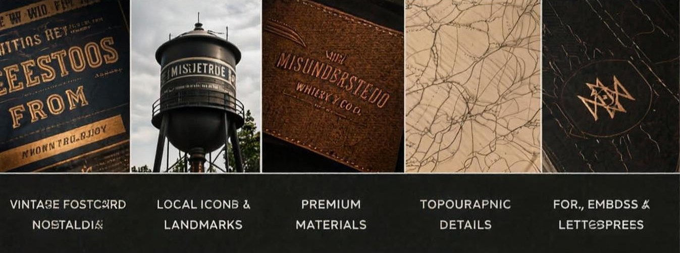 Moodboard: vintage postcards, local landmarks, premium materials, topographic details, foil and letterpress