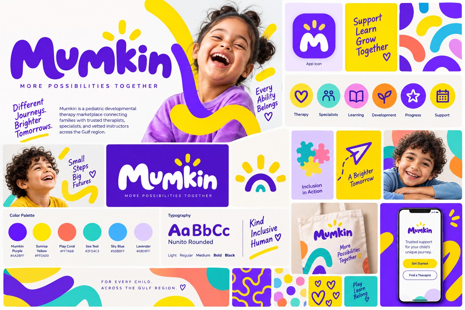Mumkin brand board: logo, app icon, service icons, colour palette, typography and applications