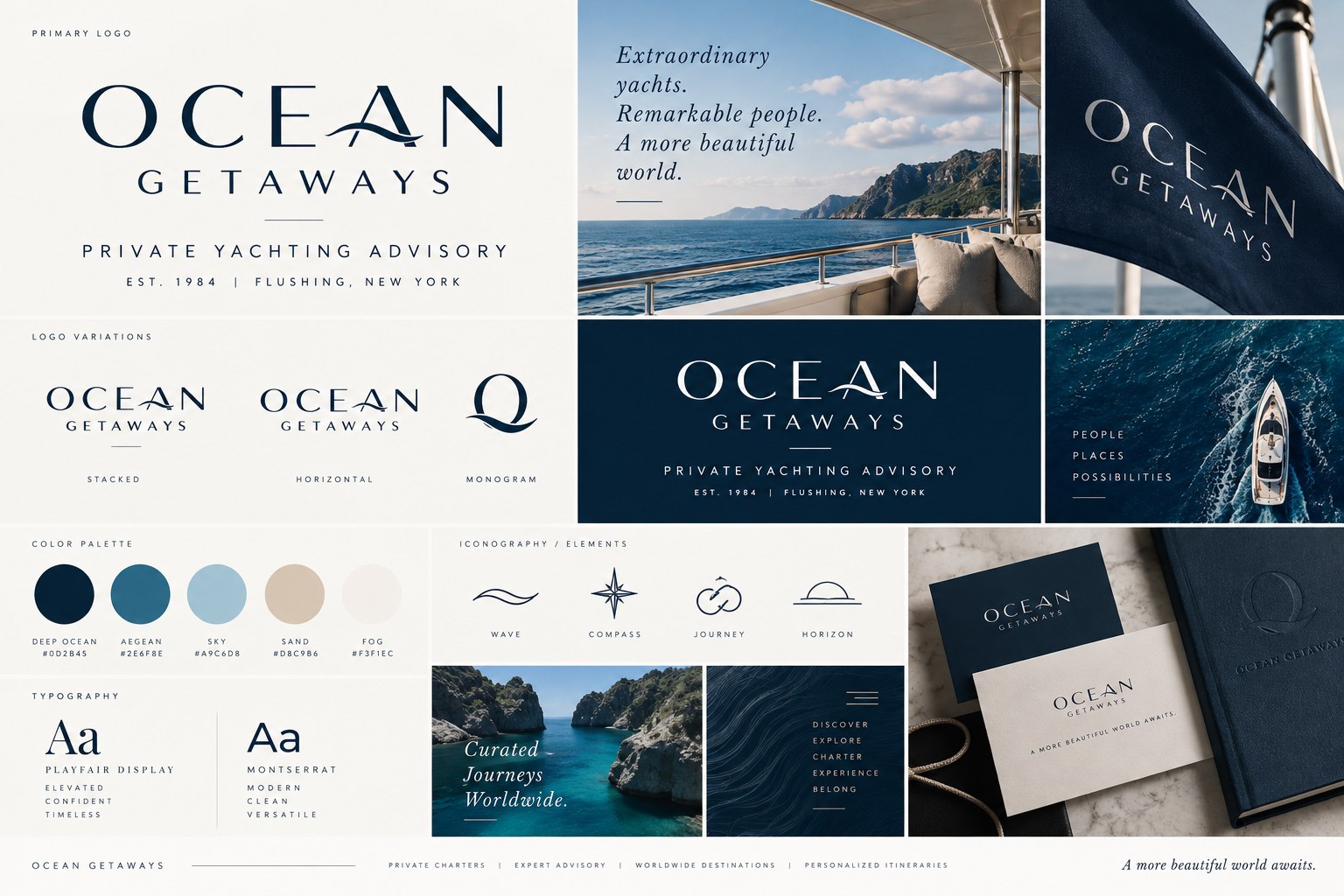 Ocean Getaways brand board: logo system, colour palette, typography, iconography and stationery